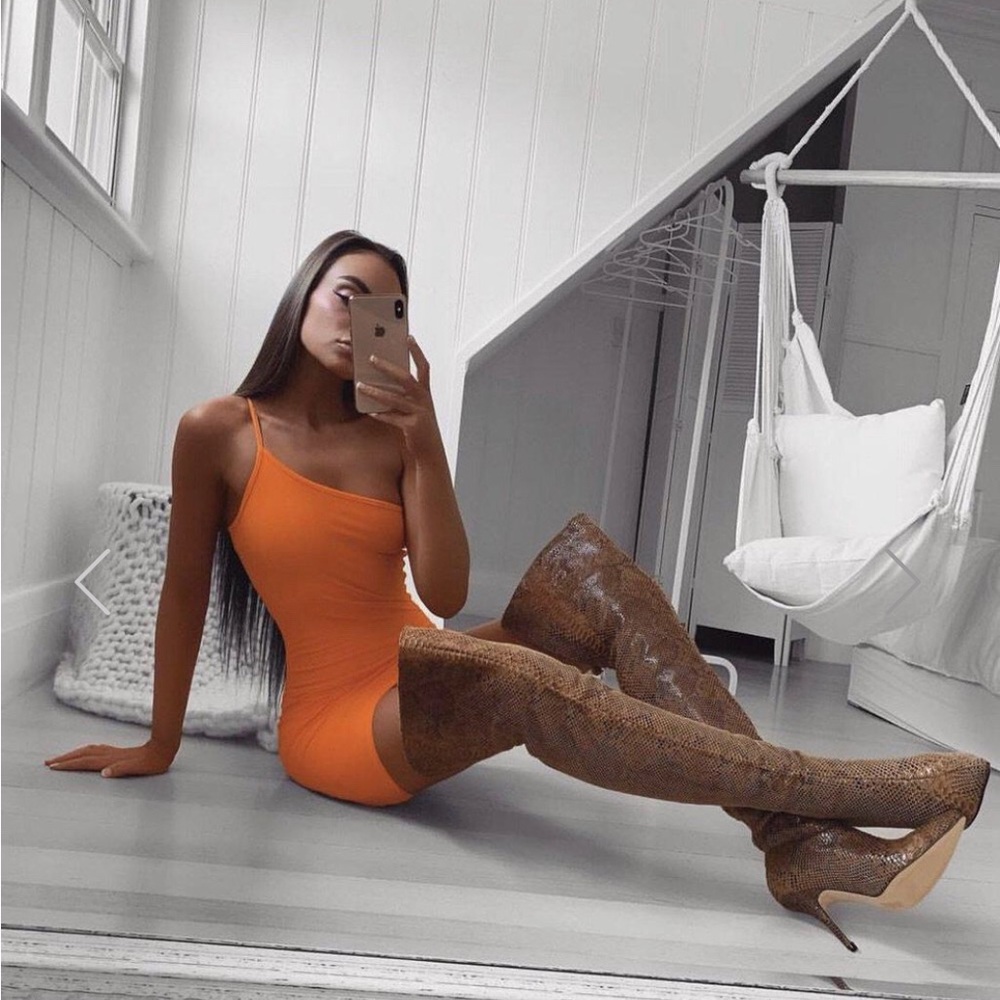 Fashion luxe label neon orange Kia mini dress